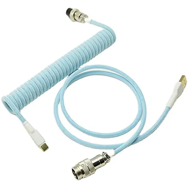 hokistudio Custom Coiled Type C USB Cable for Mechanical Keyboard Handwork Braided XLR Connector Spiral Paracord 100cm Version(Light Blue)