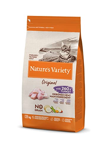 Nature's Variety Original No Grain, Pienso para Gatos Adultos Esterilizados, Sin cereales, con Pavo deshuesado, 1,25kg - 1.25kg