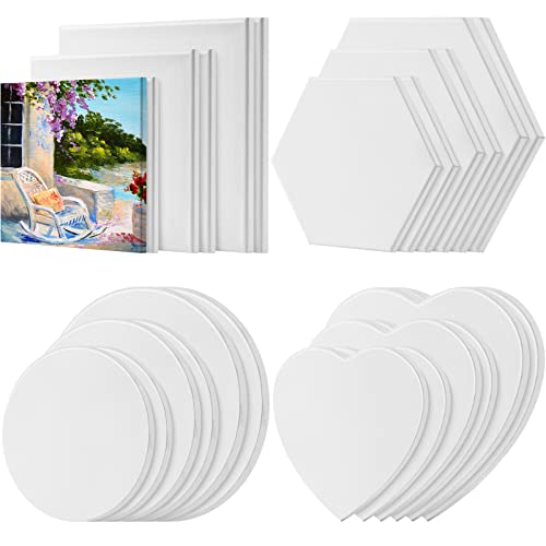 24 Pieces Canvas for Painting Bulk Blank Canvas, Square Round Hexagon Heart Canvas Board Art Painting Supplies for Kids College Students Back to School Artist Hobby Painters Beginners Gift - Assorted Shapes