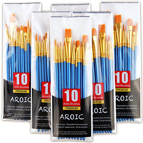 Acrylic Paint Brush Set, 6 Packs / 60 pcs Nylon Hair Brushes for All Purpose Oil Watercolor Painting Artist Professional Kits - A-60P