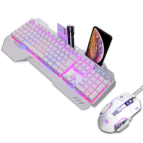 Backlit RGB Keyboard and Mouse Combo, Adjustable Breathing Lamp Wired Gaming Keyboard, Wrist Rest Keyboard 5 Adjustable DPI Gaming Mouse Adjustable Breathing Lamp for Mac, PC, Laptop Gamer (White)