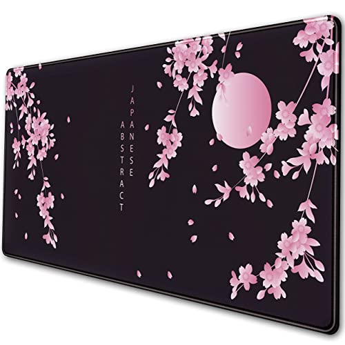 Cherry Blossoms Extended Mouse Pad Large Keyboard Mousepad Japanese Style Desktop Mat, Non-Slip Rubber Base with Stitched Edge XXL Black Large Desk Pad for Computer Laptop PC 31.5x15.75 Inch - B-black Pink