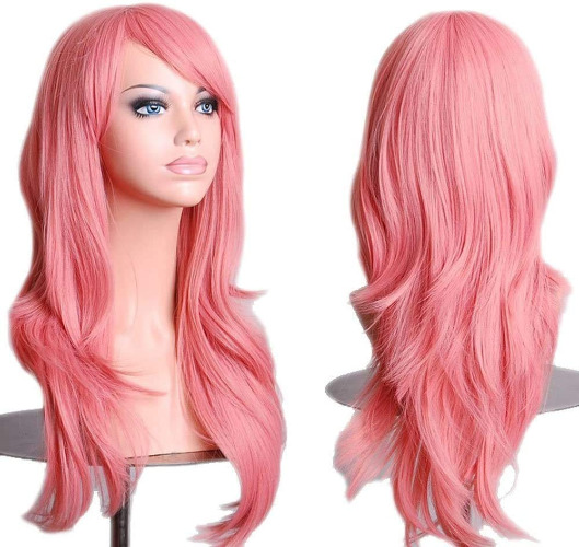 28 inch/70 cm Roze pruiken voor dames en meisjes, krullende, golvende, volledige pruiken, geschikt voor anime, cosplay, Halloween-kostuum, feest, synthetische pruiken voor dames en meisjes