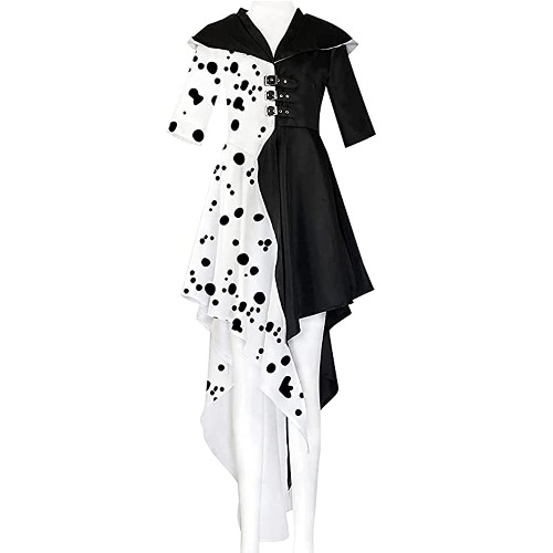 YAWMLYE Cruella Deville Carnavalskostuum voor dames, zwart, wit, gestippelde jurk, cosplay kostuum, meisjesjurk, Halloween kostuum, carnaval-/cosplay-jurk