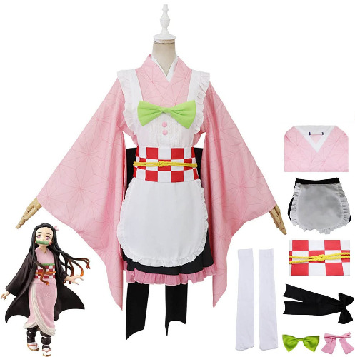 Demon Slayer-kostuum,Kamado Nezuko Cosplay Meid Jurk Uniform,Nezuko Kimono Robe Full Set Womens Girls Halloween Party Dress Suits