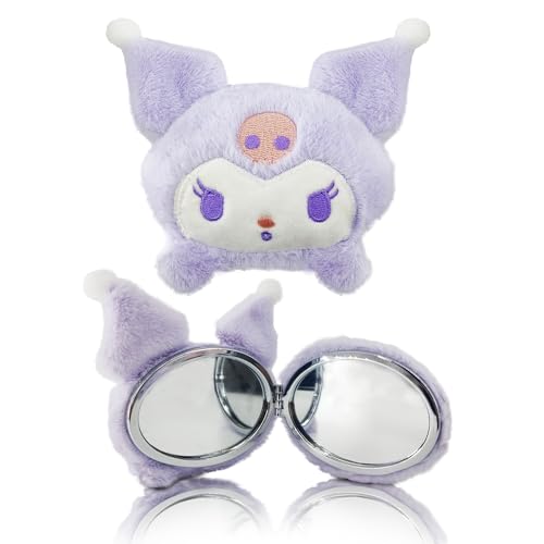 Kawaii Personal Travel Makeup Mirrors Cute Mini Travel Plush Compact Folding Mirror Classic Cartoon Anime kitty Plush Pocket Mirror with 2x Magnifier Halloween Christmas Birthday Gift for Her (A) - A