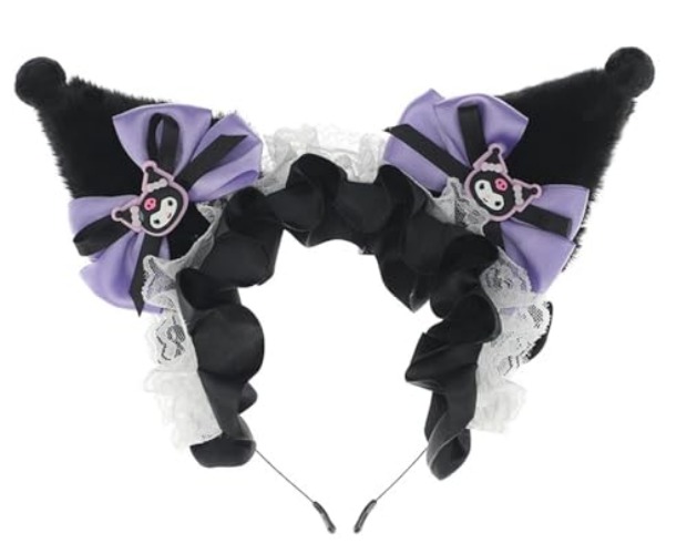 WW-WONDERFULWORLD Kuromi Headband With Bows & Lace Ribbons, Lolita Headwear for Cartoon Costume Cosplay Party for Kids & Women Girls Kids, (Soft Faux Fur Plush Fox Ears), KLM - Kuromimi