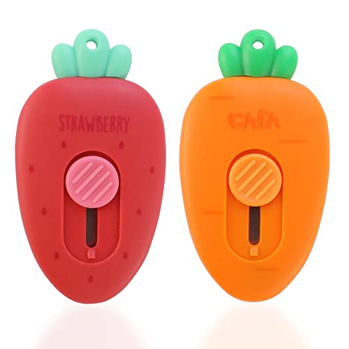 HengKe 2 Pack Mini Creative Carrot an Strawberry Shaped Art & Craft Cutter Retractable Box Letter Opener Portable Utility Knives Office School Stationery for Cutting Envelope Paper Cardboard