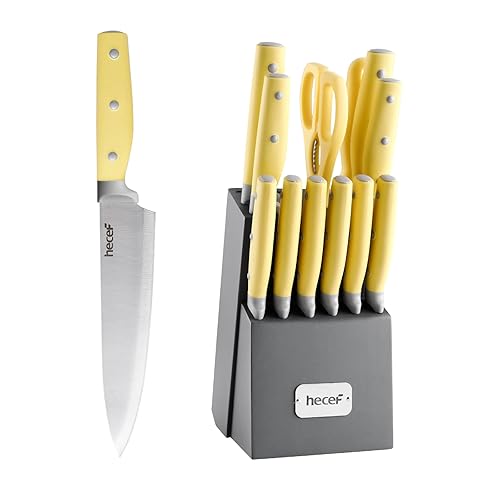 hecef Kitchen Knife Block Set, 14 Pieces Knife Set with Wooden Block & Sharpener Steel & All-purpose Scissors, High Carbon Stainless Steel Cutlery Set (Yellow) - Yellow