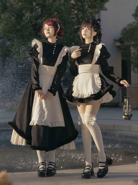 [$45.41]Black Short/Long Version Winter Maid Lolita Dress Plush Trim Cuffs and Hemline