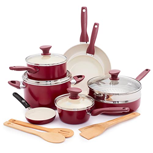 GreenPan Rio Healthy Ceramic Nonstick 16 Piece Cookware Pots and Pans Set, PFAS-Free, Dishwasher Safe, Red - Red