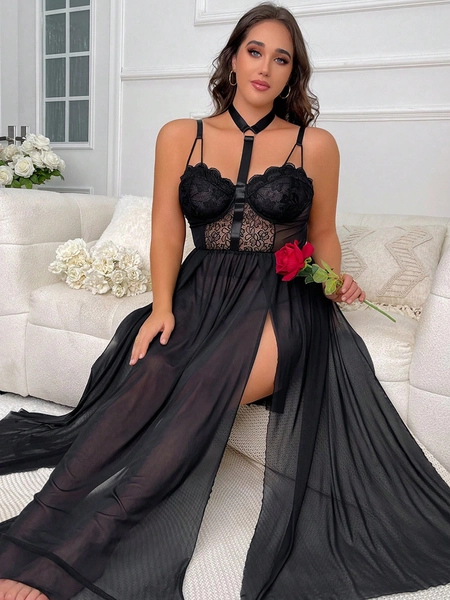 Plus Contrast Lace Mesh Slit Thigh Slips With Choker