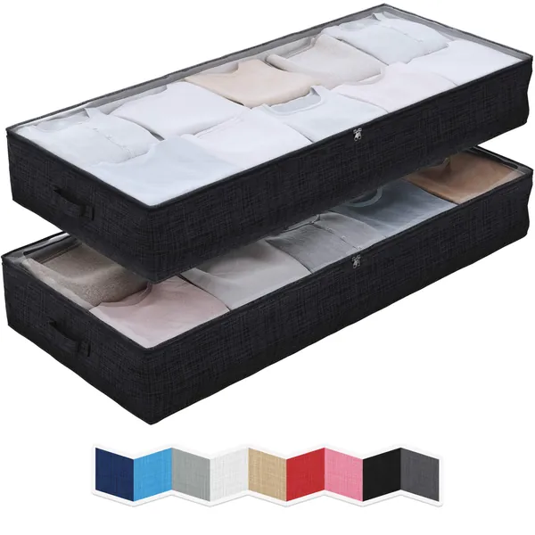 NEATERIZE Large Under Bed Storage Bags | 2-Pack Underbed Clothing Organizer | Ultra Thick Fabric, Reinforced Handles & Zipper | Stackable Organization and Storage Containers for Bedroom [Black]