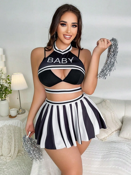 Plus Letter Graphic Striped Trim Cheerleader Costume Set