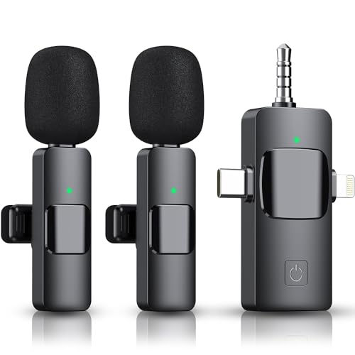 EJCC 3 in 1 Wireless Microphone for iPhone, Camera, Android, iPad, Mini Microphone, USB C Microphone, iPhone Mic, 2.4G Ultra-Low Delay, Microphone for Video Recording/Vlog/TikTok/YouTube/Interview - Black-A