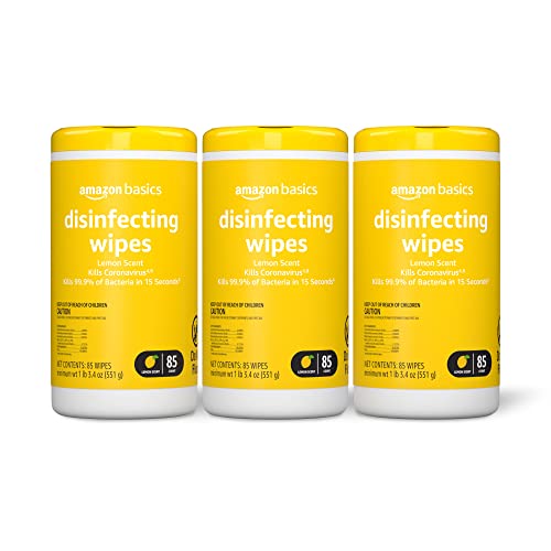 Amazon Basics Disinfecting Wipes, Lemon Scent, for Sanitizing, Cleaning & Deodorizing, 255 Count (3 Packs of 85) - 85 Count (Pack of 3) - 3 Pack Lemon
