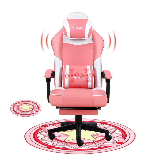 Pink Gaming Chair with Footrest Ergonomic Office Chair Desk Chair Computer Chair with Massage Gamer Chair Silla Gamer Office Chairs for Heavy People with Mat - Pink and White