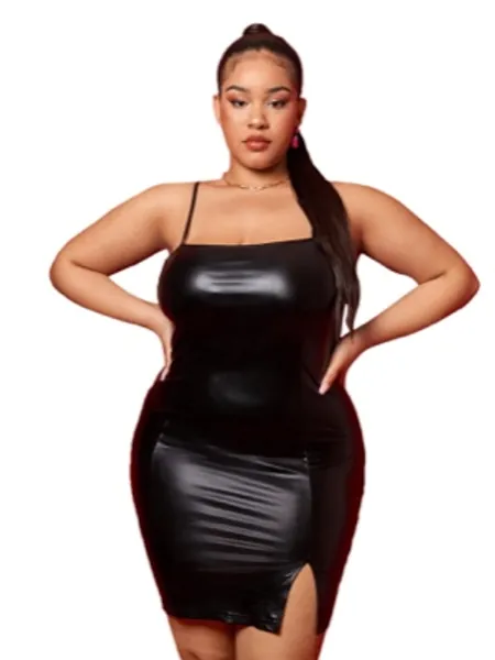 SheIn Women's Plus PU Leather Sleeveless Strappy Split Hem Bodycon Pencil Mini Dress