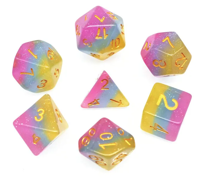 DND Dice Set RPG Dice Pink Blue & Yellow Polyhedral Dice Fit Dungeons and Dragons(D&D) Pathfinder MTG Table Game Role Playing Game Translucent Dice with Silver Glitter