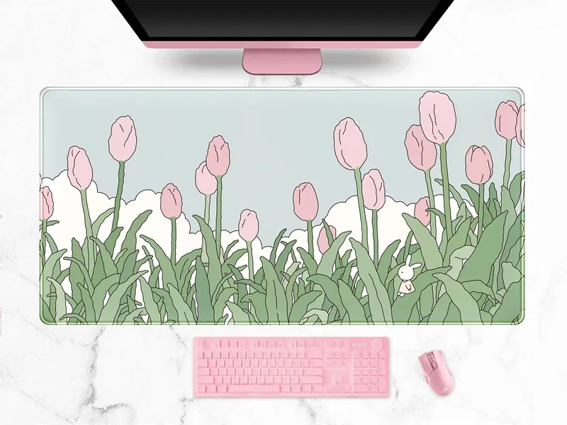 WatercolorTulip Flower Mouse Pads,Extended Gaming Mousepad XXL Kawaii Anime Desk Mat Pink Green Large Full Desk Mouse Pad for Wireless Mouse Keyboard Mat with Stitched Edges 31.5"x15.75 - Gouache Floral