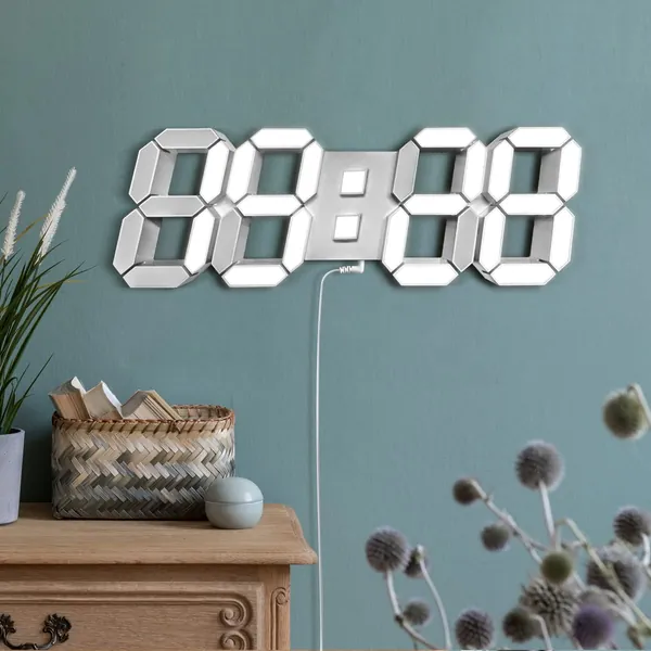 3D Led Digital Desktop Alarm Clock 9.7 Inch Wall Desk Timer Brightness Adjustable for Hotel Office Home Living Room Cool White (Includes The Power Cord and not The Power Head) - 9.7 Inch Cool Light