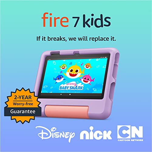 Amazon Fire 7 Kids tablet, ages 3-7. Top-selling 7" kids tablet on Amazon - 2022 | ad-free content with parental controls included, 10-hr battery, 16 GB, Purple - 16 GB - Purple - 1-year Amazon Kids+