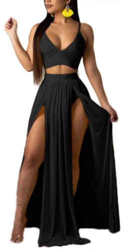 Women Sexy 2 Piece Outfits Dress Chiffon Strap Deep V Neck Bra Crop Top High Split Maxi Dresses Skirt Set - Large Black