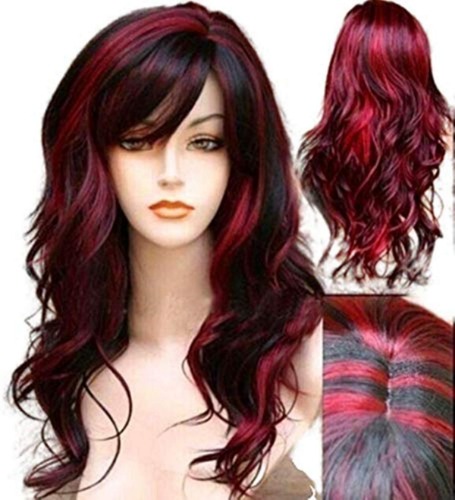 MeCamping Short Curly Wig with Bangs Synthetic Long Hair Wavy Red Mixed Black Wigs Party Cosplay Costume Halloween Wig Resistant Fiber Hair for Women Girls - Red mixed with black