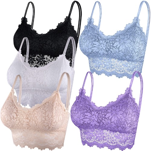 Duufin 5 Pcs Lace Bralettes for Women Bralette Padded Lace Bandeau Bra - Large-X-Large Black, White, Beige, Lavender, Sky Blue