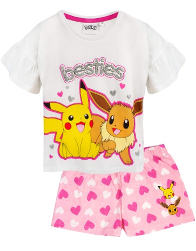Pokemon Pyjamas Pikachu & Eevee Frill Sleeve Long OR Short Leg Girls PJs - Short Leg 5-6 Years