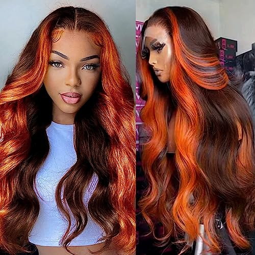 12A 200% Density 13x6 Lace Front Wigs Human Hair Pre Plucked Highlight 13x6 HD Lace Front Wigs Ginger Orange Colored Human Hair for Women Glueless Body Wave Ombre Lace Front Wig Human Hair (28inch） - 28 Inch - Ginger 13x6 Lace Front Wigs Human Hair