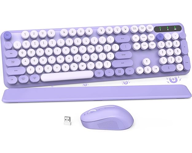 Wireless Keyboard and Mouse Combo, Cute Round Keycaps, Full-Size Retro Typewriter Keyboard with Detachable Wrist Rest, 2.4GHz Cordless Connection for Mac/Windows/PC/Laptop (Purple-Colorful) - Forgotten Purple