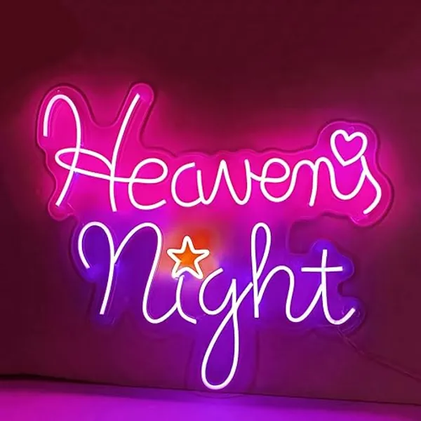 Heavens Night Neon Sign, Vivid Aesthetic Heart Star Heavens Night LED Neon Light Signs, Pink Purple Heavens Night Lamp for Wall Decor, Birthday Gift Party Bedroom Bar Beer Christmas Game Room - 15”