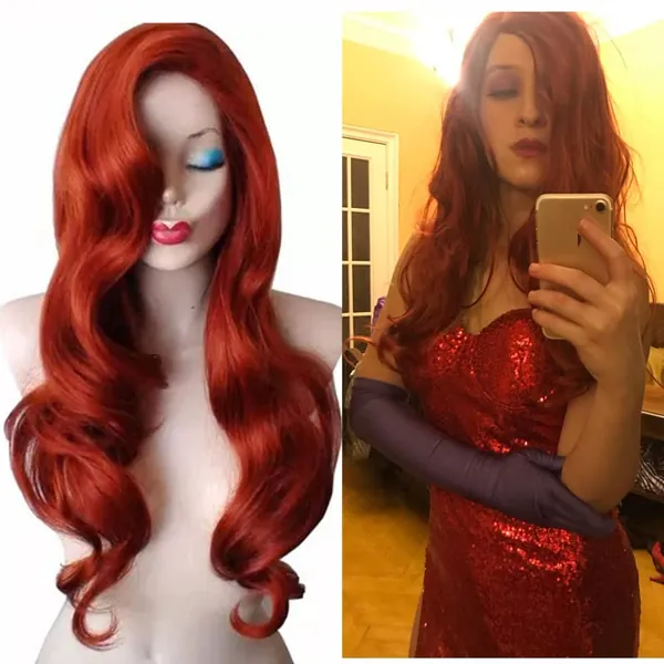 New 28" Jessica Rabbit Long Wavy Ariel Wigs Daily Wear Hair Copper Red Cosplay Wig Spiral Curly Anime Heat Resistant Hair for Women