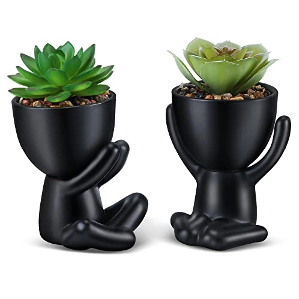 WOODWORD Fake Succulent, Mini Succulents Plants Artificial in Black Modern Human Shaped Ceramic Pots Desk Decor Desk Plant for Office Decor for Women, Cute Fake Plants Bathroom Decor 2PCS