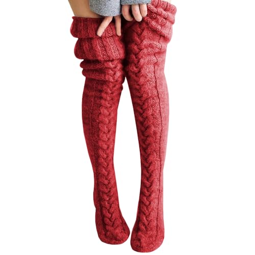 Women's Cable Knit Thigh High Socks Extra Long Winter Stockings Leg Warmers - DarkRed