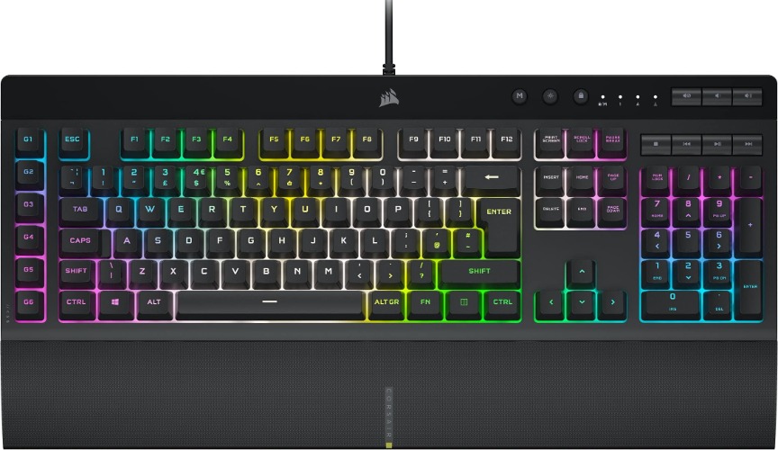Corsair K55 RGB PRO XT Wired Membrane Gaming Keyboard (Dynamic Per-Key RGB Backlighting, 6 Macro Keys w/Elgato Software Integration, IP42 Dust and Spill-Resistant, Detachable Palm Rest) QWERTY, Black