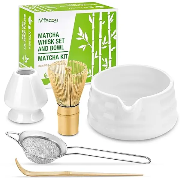 Matcha Whisk Set, Japanese Tea Set (5pcs) includes Matcha Bowl with Spout (19 oz), Bamboo Matcha Whisk and Matcha Scoop, Matcha Whisk Holder, Stainless Steel Sifter, Tea Making Tools, Matcha Kit