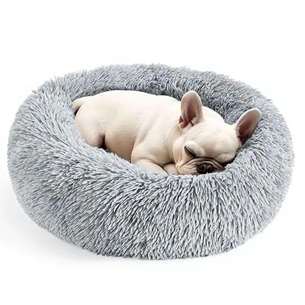 Hoewina Dog & Cat Bed, 20in Cat Beds for Indoor Cats, Calming Donut Bed for Puppy and Kitten, Washable Round Fluffy Pet Bed for Small Medium Dogs and Cats (Light Grey) - 20.0"L x 20.0"W x 6.0"Th - Light Grey