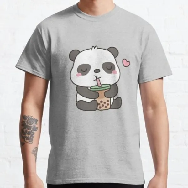 Cute Little Panda Enjoying Boba Tea Classic T-Shirt by rustydoodle