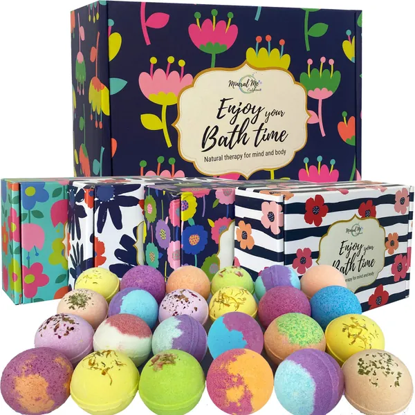 Bath Bombs Gift Set- 24 Aromatherapy BathBombs Made w/ Organic Essential Oils- Spa Fizzies w/Moisturizing Shea Butter and Bath Salts for Relaxation and Stress Relief- Gift for Women
