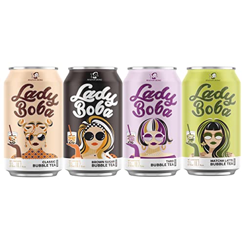 (Pack of 4) Lady Boba 4 Cans. Milk Bubble Tea with Boba Pearls - Assorted