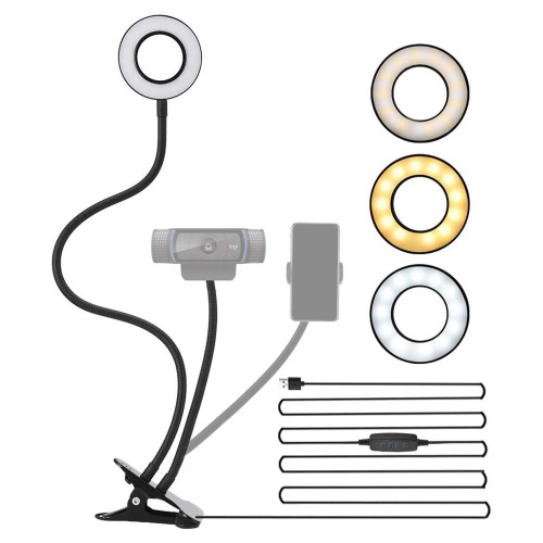 Newest Webcam Lighting Stand for Live Steaming, NexiGo Selfie Ring Light with Webcam Mount and Phone Holder, for Logitech Webcams C270,C925e,C922x,C930e,C922,C930,C920,C615,Brio 4K