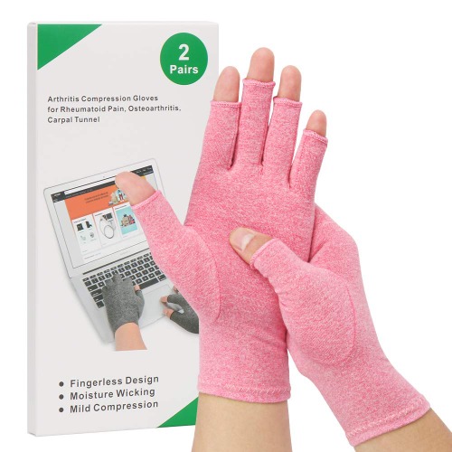 2-Pair Arthritis Compression Gloves for Alleviate Rheumatoid Osteoarthritis, Carpal Tunnel Raynauds Disease, Ease Muscle Tensi on Fingerless, Breathable & Moisture, Women and Men (Pink, Large)