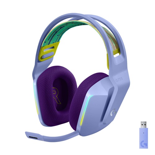 Logitech G733 LIGHTSPEED Wireless Gaming Headset with suspension headband, LIGHTSYNC RGB, Blue VO!CE mic technology and PRO-G audio drivers - Lilac - Lilac