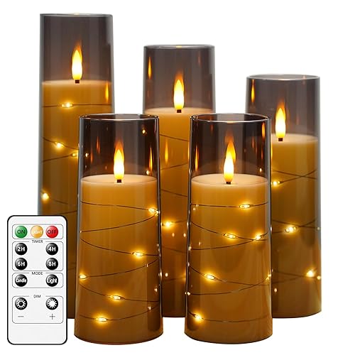 kakoya Flameless LED Candles with Timer 5 Pc Flickering Flameless Candles for Romantic Ambiance and Home Decoration Stable Acrylic Shell,with Embedded Star String，Battery Operated Candles（Grey） - Gray