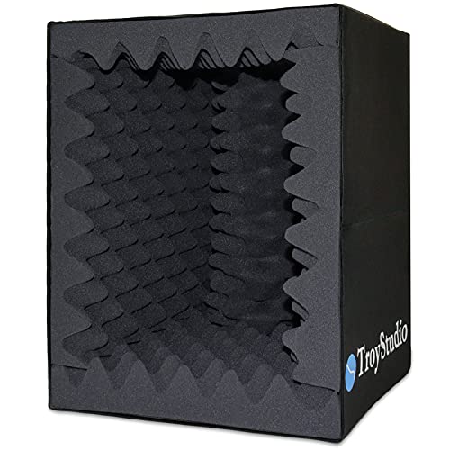 Troystudio Portable Vocal Booth, Large Foldable Microphone Isolation Shield, Music Recording Studio Sound Echo Absorbing Box, Desk & Stand Use Reflection Filter with Thickened Dense Acoustic Foam - Black