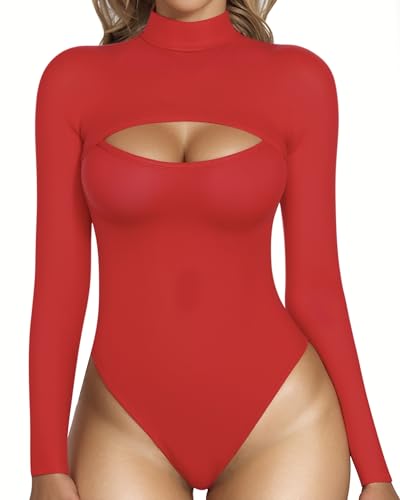 Cutout Front Top Long Sleeve Short Sleeve Bodysuits - Red