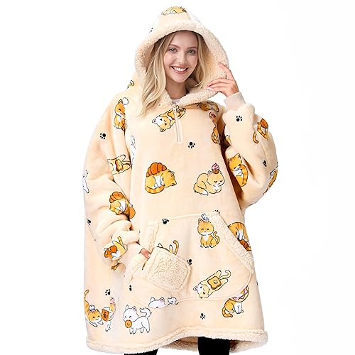 Giggling Getup Wearable Blanket Hoodie for Women Men - Oversized Flannel Sherpa Fleece Sweatshirt Blanket - with Giant Pocket & Sleeves - Cozy Warm Blanket Birthday Gifts for Adults Cat - Beige Cat - Adult