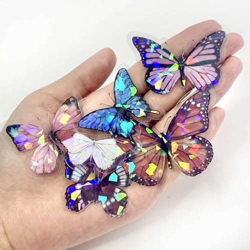 100Pcs Holographic Butterfly Stickers Nature Decorative Adhesive Watercolor Scrapbooking Supplies Journaling for Adults Card Making Scrapbook Materials Craft Daily Planner